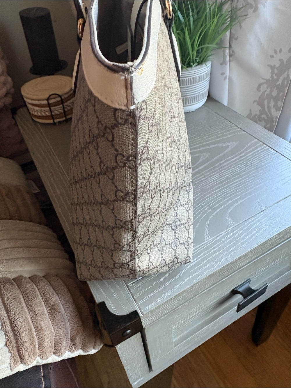 FASHION Beige Supreme Tote with Red & Blue Web Stripe and Cream Trim - Picture 9 of 10